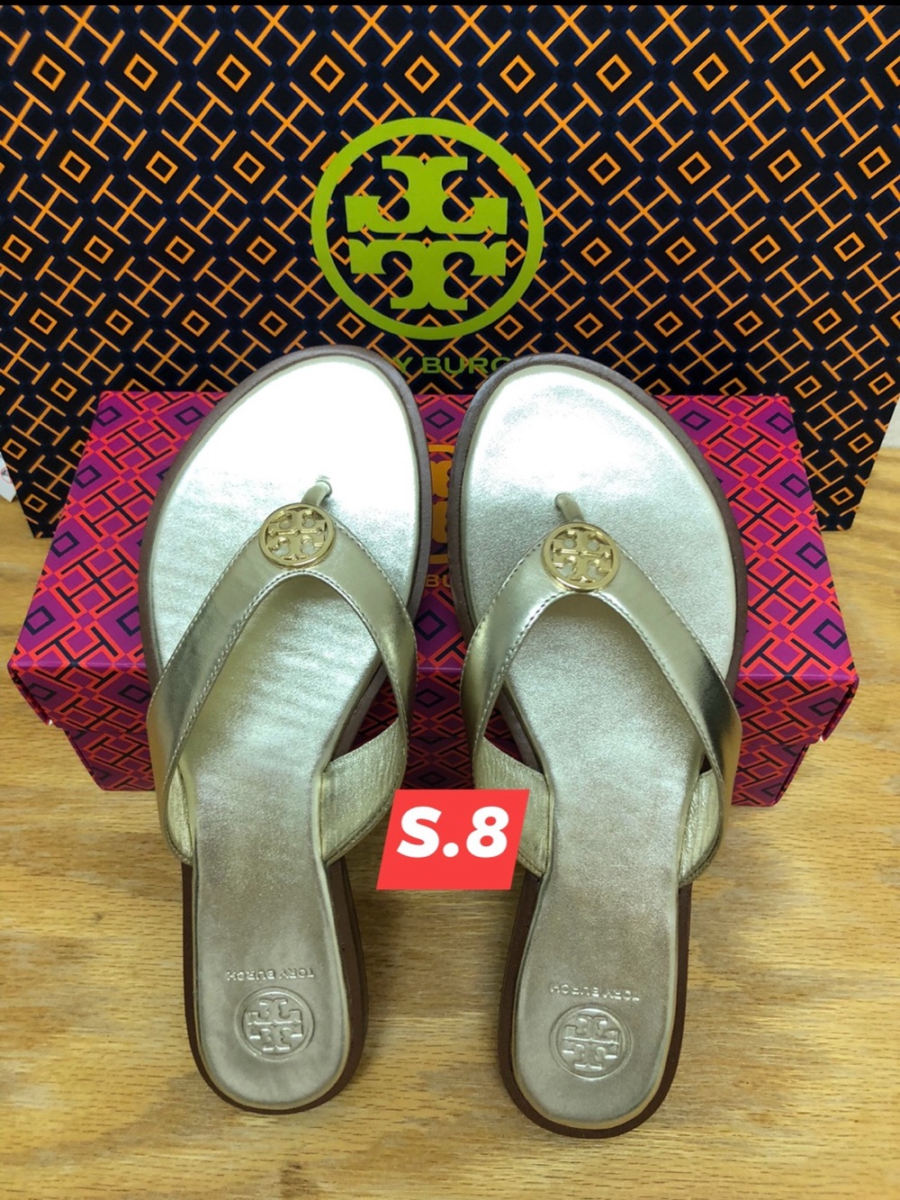 Tory Burch Gold Metallic Logo Thong Sandals s.8